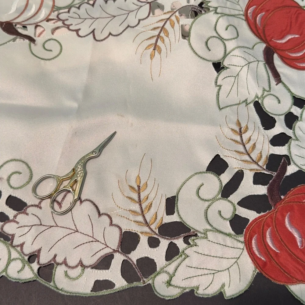 Table Runner 70x13 Cream Good Pumpkin Embroidered Cutwork Fall Thanksgiving